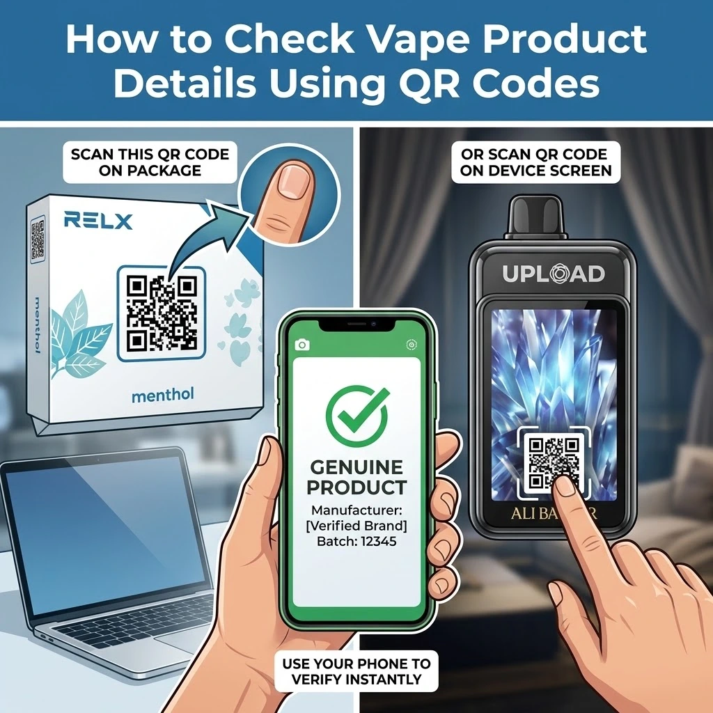 Infographic titled "How to Check Vape Product Details Using QR Codes," showing how to scan a QR code on a vape package or a device screen using a smartphone to display a "Genuine Product" verification screen.