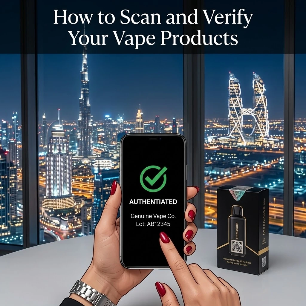 A hand with red nails holds a smartphone showing a green checkmark and the message “Authenticated, Genuine Vape Co., Lot: AB12345” after scanning a vape product